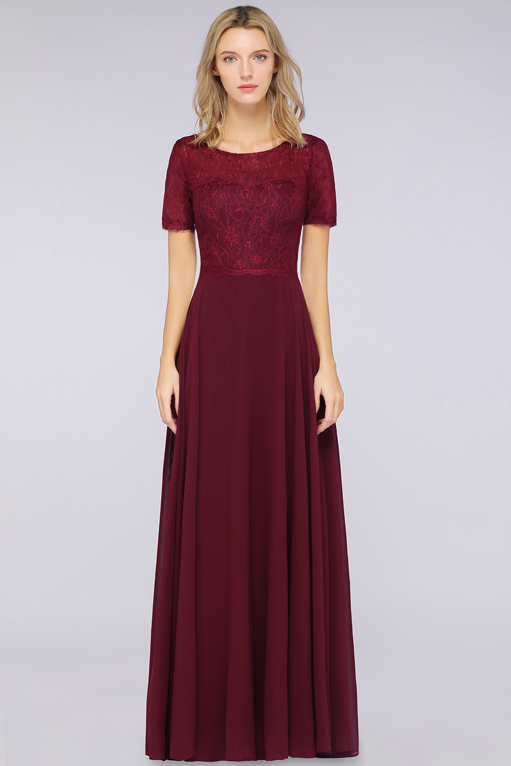 BMbridal Chic Lace Long Burgundy Backless Bridesmaid Dress With Short-Sleeves-BMbridal