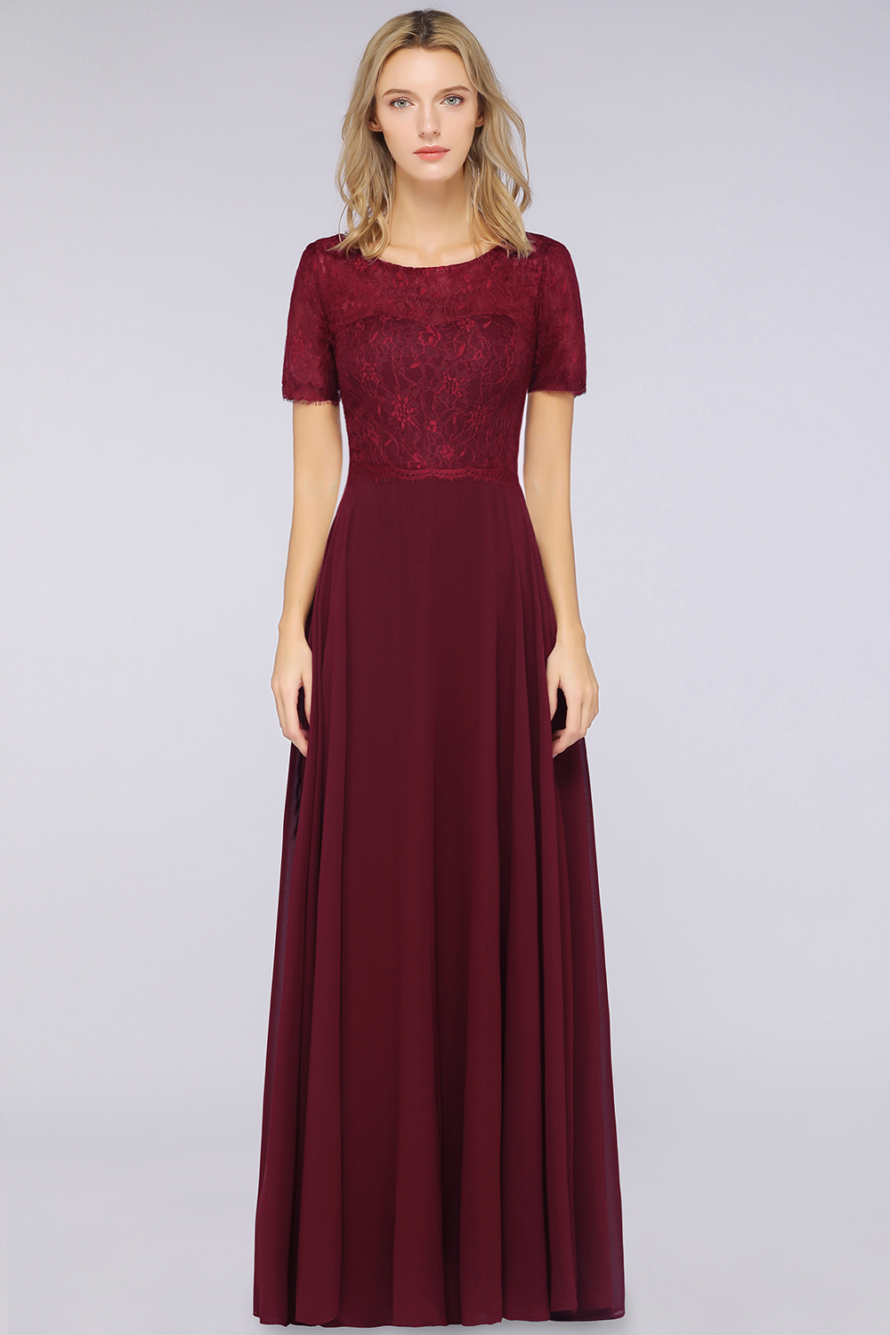 BMbridal Chic Lace Long Burgundy Backless Bridesmaid Dress With Short-Sleeves-BMbridal