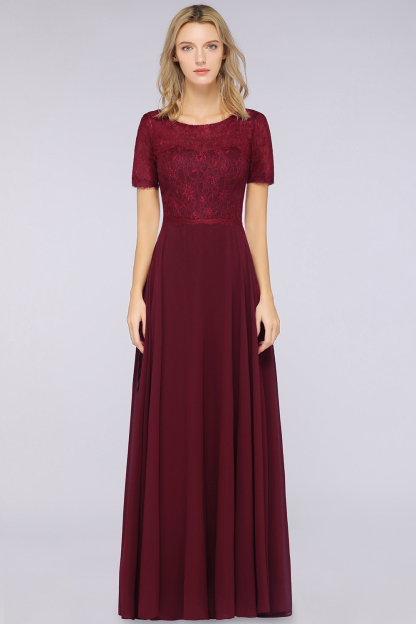 BMbridal Chic Lace Long Burgundy Backless Bridesmaid Dress With Short-Sleeves-BMbridal