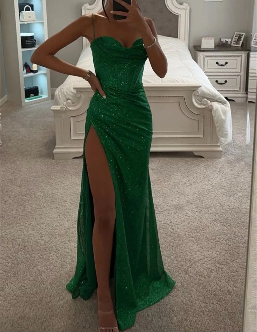 Long Prom Dresses with Spaghetti Straps and Side Split in Sheath/Column Style