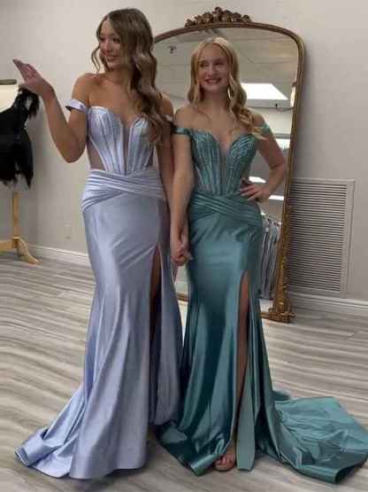 Grey Green Mermaid Off the Shoulder Long Prom Dress with Slit
