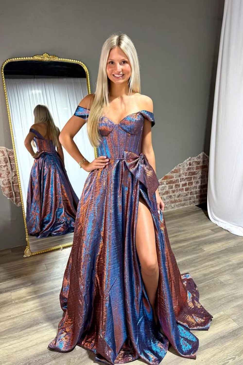 Sparkly Blue Off the Shoulder Metallic A-Line Long Corset Prom Dress with Bow