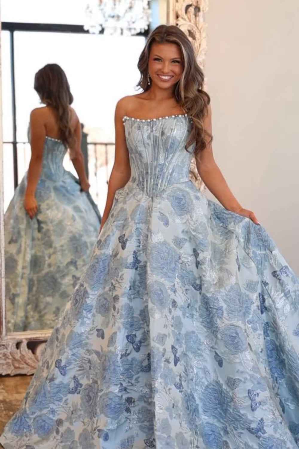 Sparkly Grey Blue Flower Strapless A-Line Long Corset Prom Dress with Beading