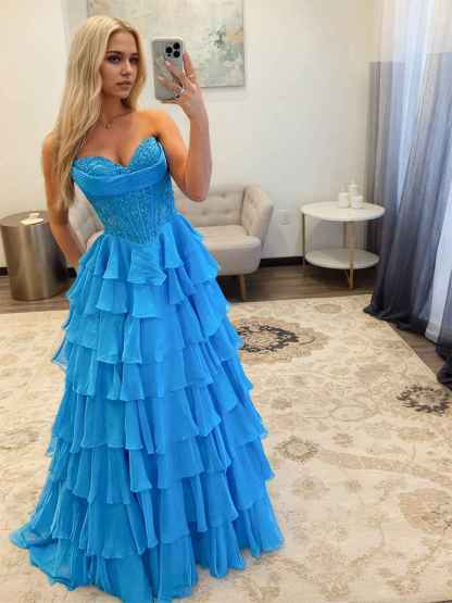 Chiffon A-Line Strapless Empire Tiered Long Prom Dress With Slit