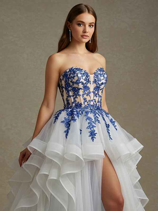 Ball-Gown/Princess V-Neck Off The Shoulder Sweep Train Tulle Prom Dress