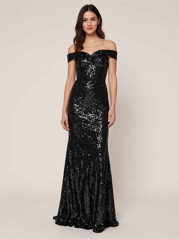 Black A Line Off-the-Shoulder Sequins Long Formal Dresses