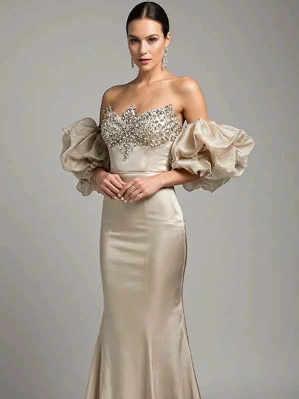Evening dress Champagne color puff sleeve tube top mermaid floor length dress