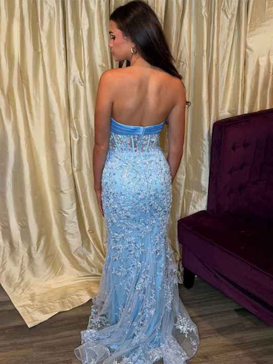 Blue Mermaid Strapless Lace Appliques Long Prom Dress with Bow