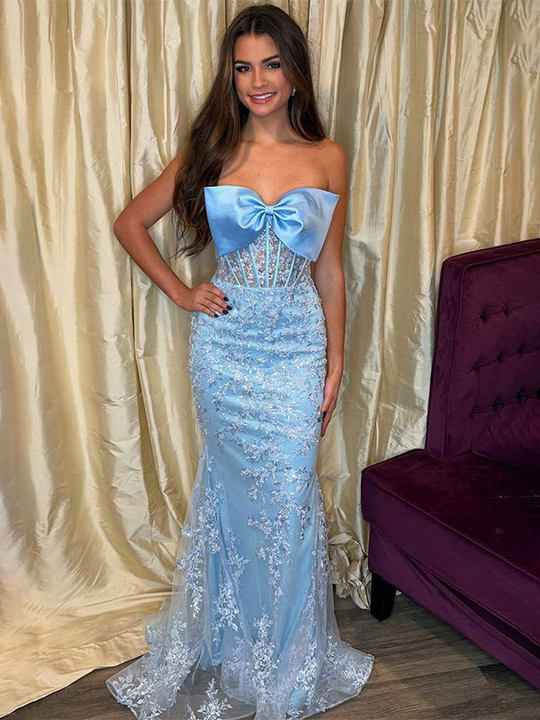 Blue Mermaid Strapless Lace Appliques Long Prom Dress with Bow