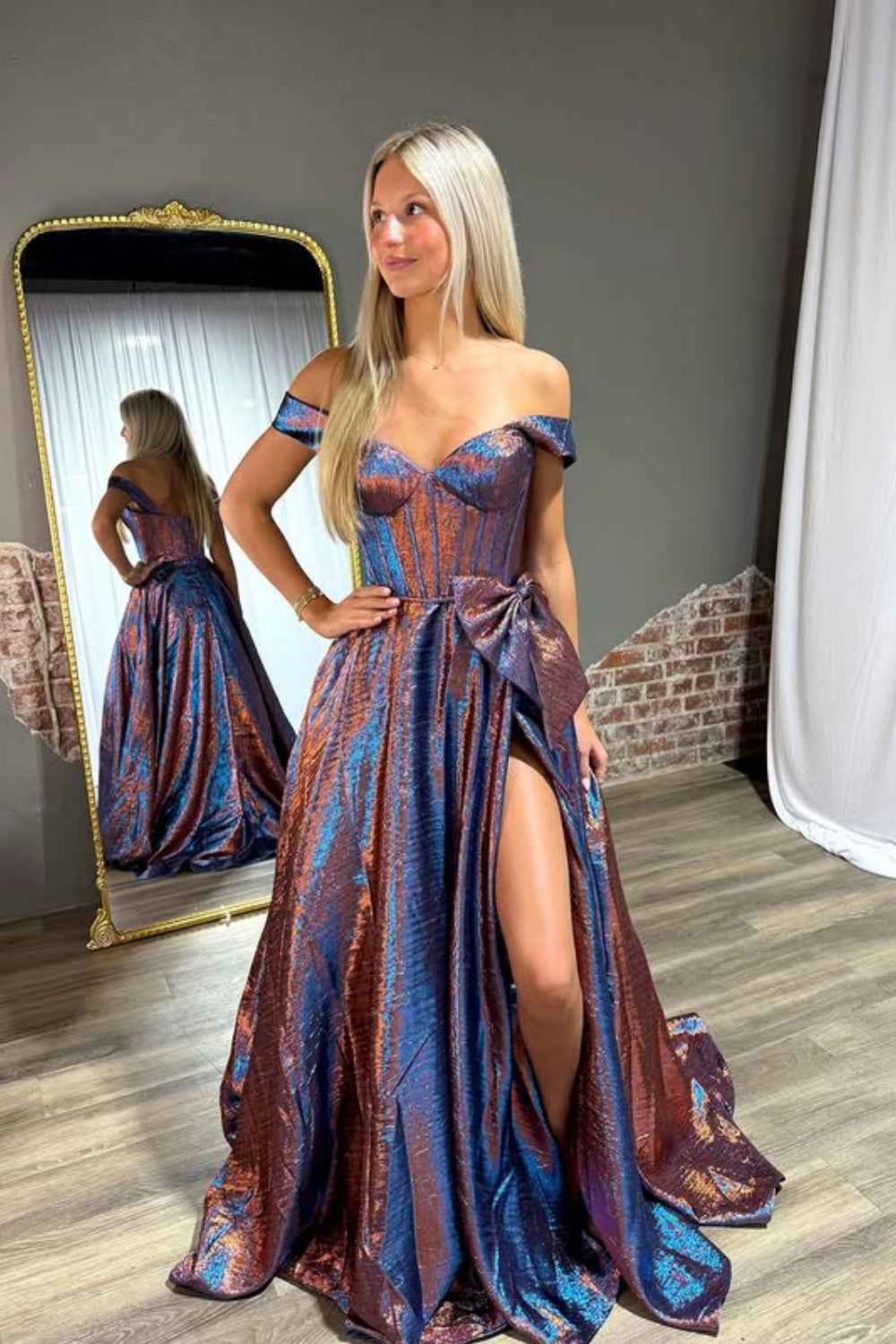 Sparkly Blue Off the Shoulder Metallic A-Line Long Corset Prom Dress with Bow