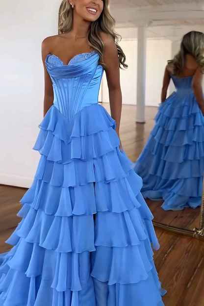 Blue Sweetheart Ruffled Long Corset Prom Dress with Slit