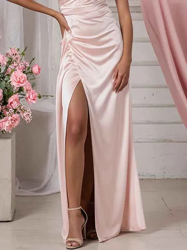 Evening Dress Pink One Shoulder Pleated High Slit Mermaid Fishtail Dress