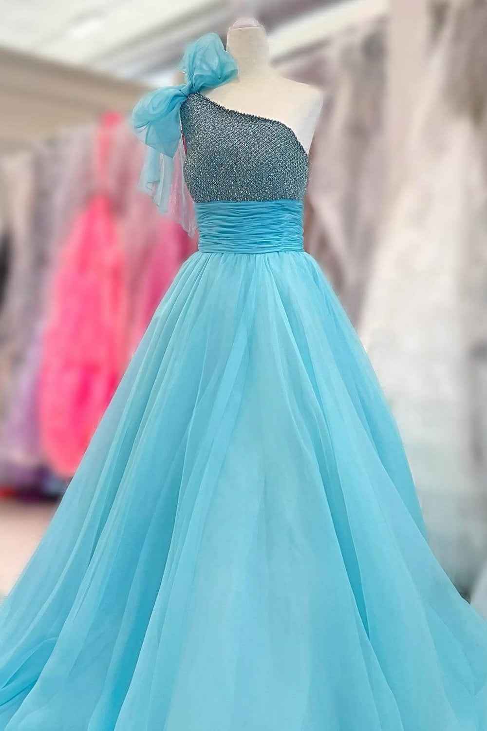Sparkly Sky Blue A Line One Shoulder Long Prom Dress with Beading