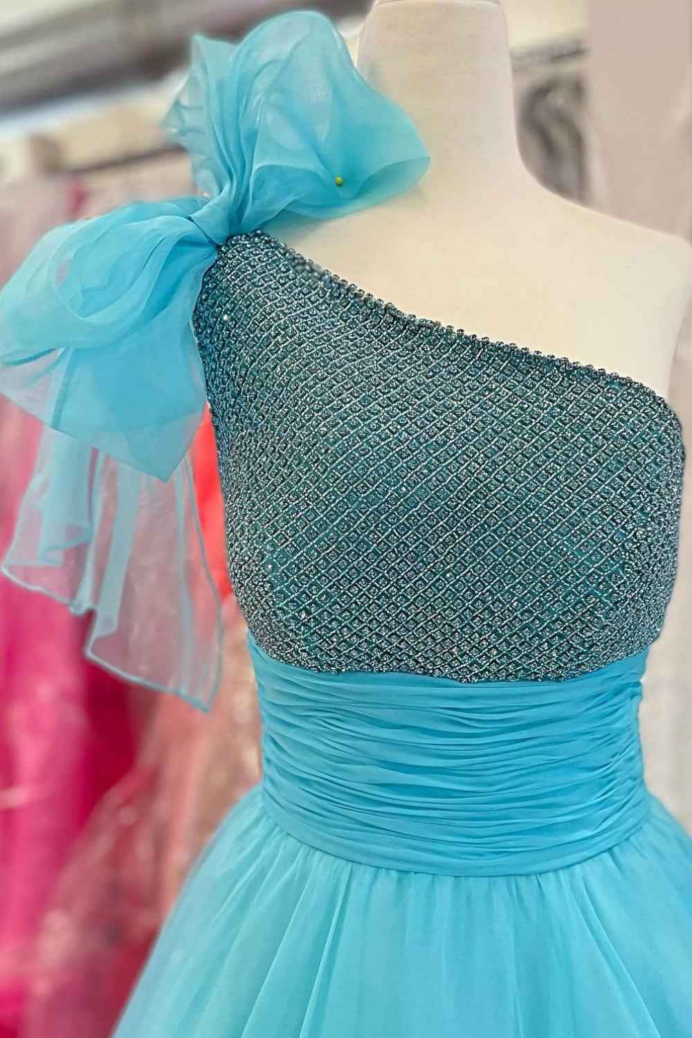 Sparkly Sky Blue A Line One Shoulder Long Prom Dress with Beading