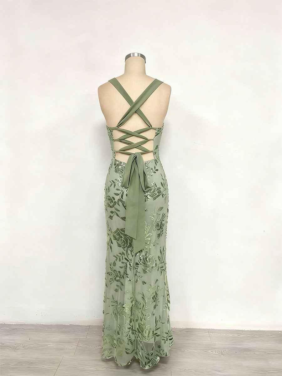 Lavender Square Neckline Floral Sequin Column Prom Dress with Wide Straps