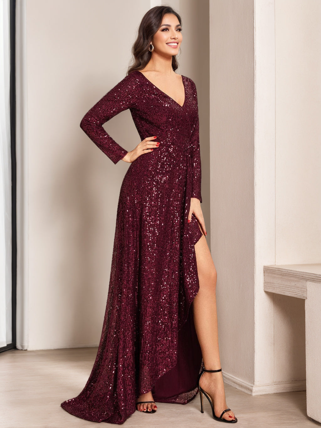 V-Neck A-Line Princess Evening Gown with Long Sleeves and Asymmetrical Sequins