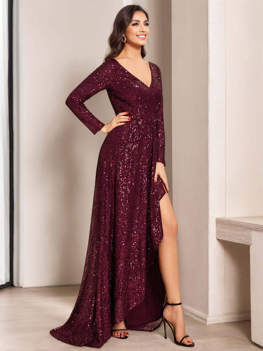V-Neck A-Line Princess Evening Gown with Long Sleeves and Asymmetrical Sequins