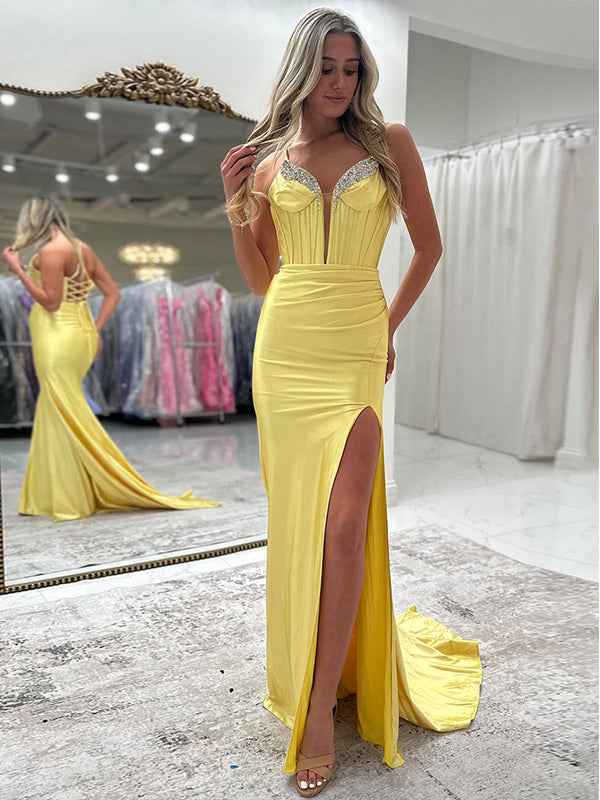 Yellow Mermaid Spaghetti Straps Lace Up Beaded Long Prom Dress with Slit