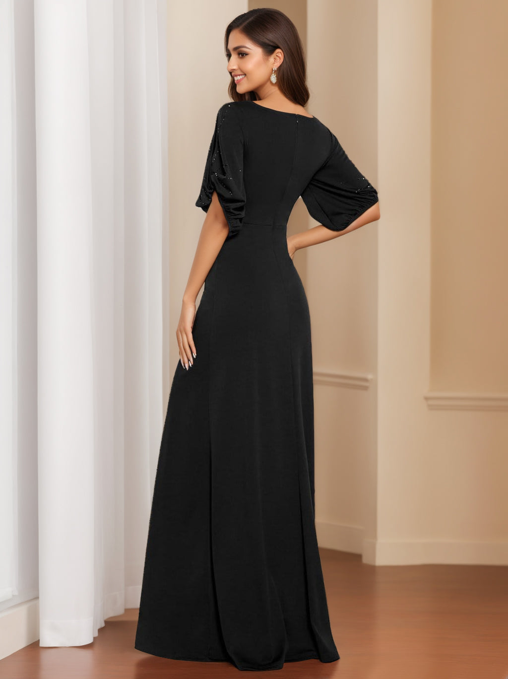Elegant Black Floor-Length Mother of the Bride Dress with Round Neck and Half Sleeves