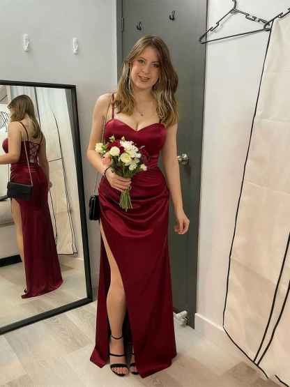Burgundy Satin Spaghetti Strap Ruched Prom Dress with High Slit