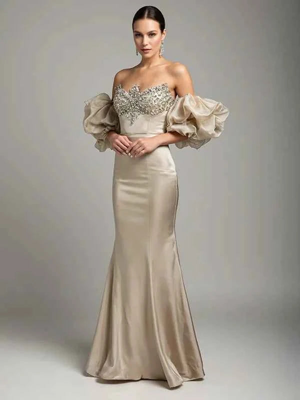 Evening dress Champagne color puff sleeve tube top mermaid floor length dress