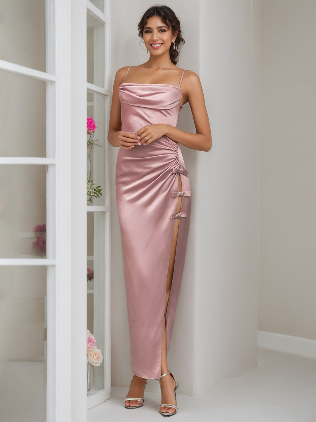Square Neck Sleeveless Ankle-Length Wedding Guest Sheath Dress with Bow