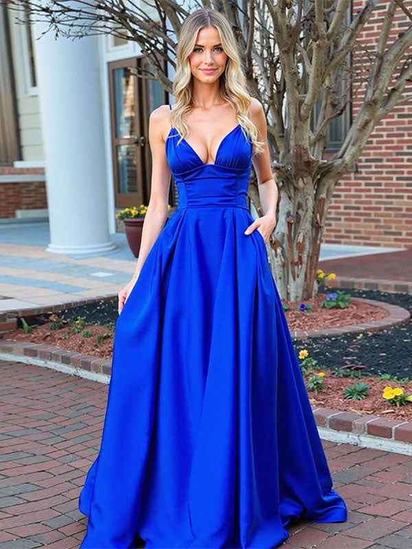 Royal Blue A-Line Spaghetti Straps Empire Waist Long Prom Dress