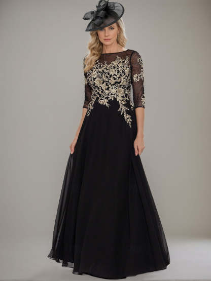 Floor-Length Mother of the Bride A-Line Dress with Jewel Neck and Lace Ruffle