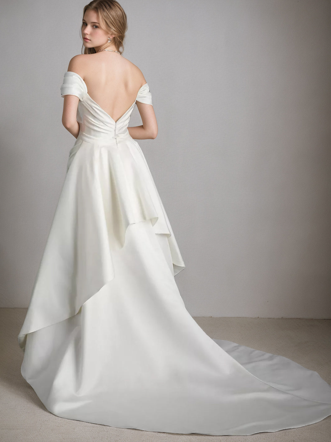 Elegant Off-the-shoulder A-Line Wedding Dress with Asymmetrical Short Sleeves