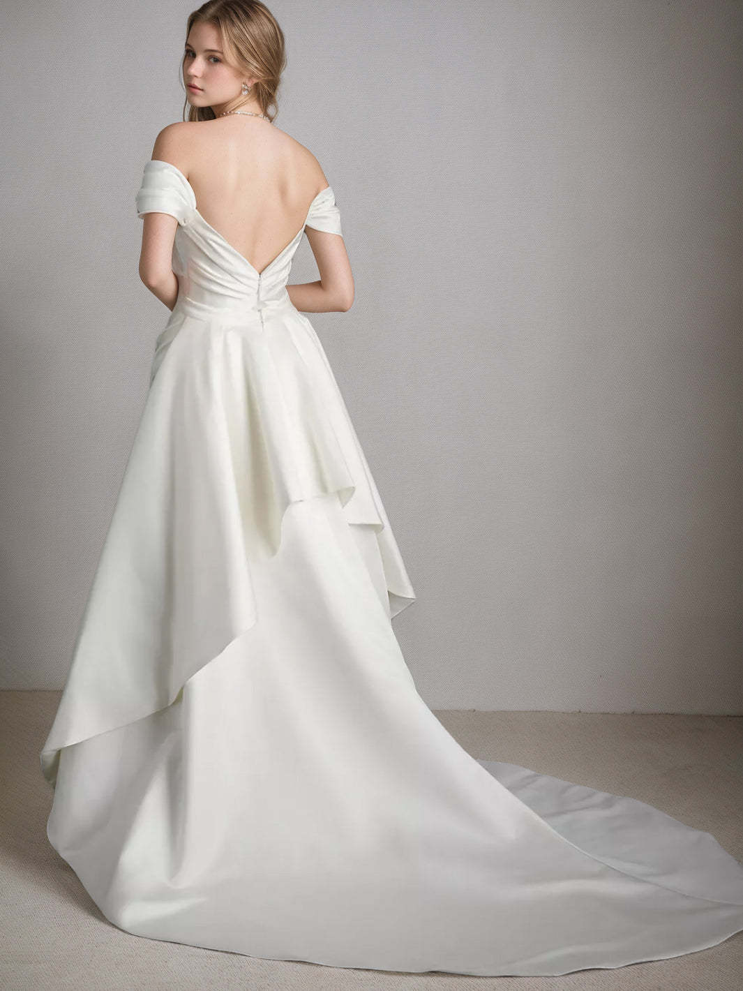 Elegant Off-the-shoulder A-Line Wedding Dress with Asymmetrical Short Sleeves