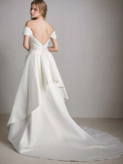 Elegant Off-the-shoulder A-Line Wedding Dress with Asymmetrical Short Sleeves