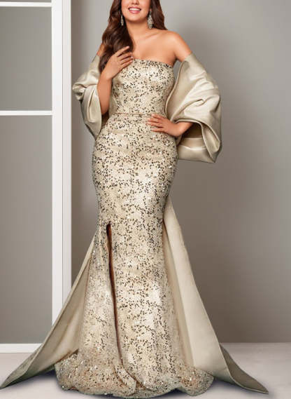 Off-the-shoulder Evening Dress with Mermaid/Trumpet Silhouette Sweep Train Side Split and Bow(s)
