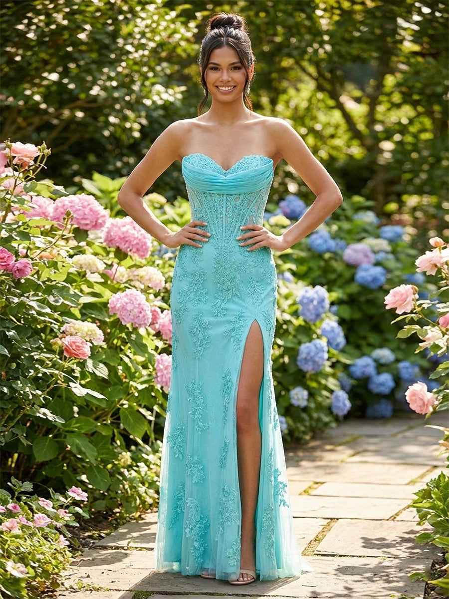 Light Blue Corset-Bodice Lace Prom Dress  with Thigh-High Slit