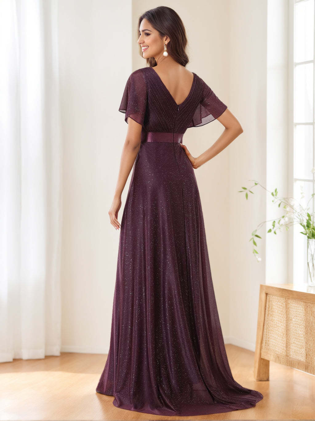 Elegant Sparkling Floor-Length Evening Dresses with V-Neck and Short Sleeves in A-Line/Princess Style-BMbridal.UK