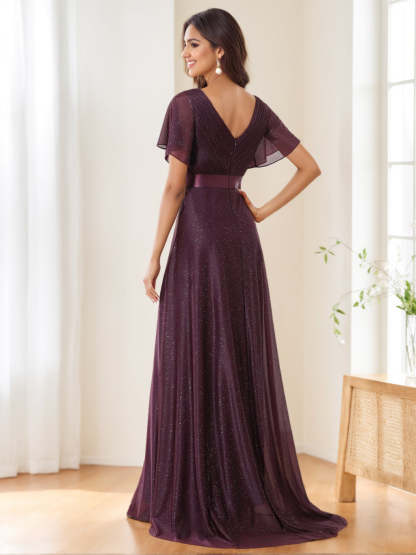 Elegant Sparkling Floor-Length Evening Dresses with V-Neck and Short Sleeves in A-Line/Princess Style-BMbridal.UK