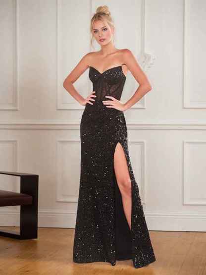 Black Sheath Sweetheart Long Corset Prom Dress With Slit