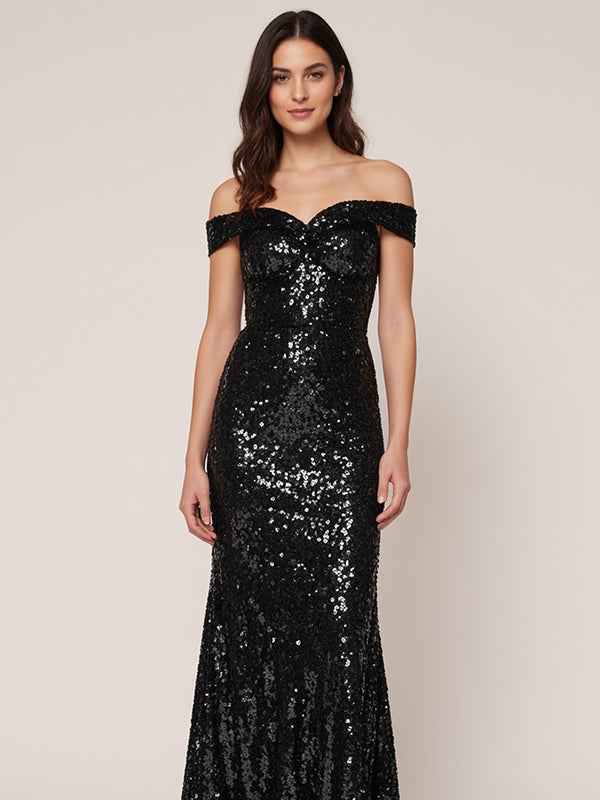 Black A Line Off-the-Shoulder Sequins Long Formal Dresses
