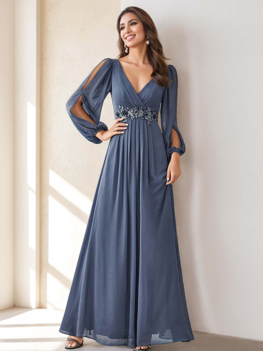 Elegant Floor-Length A-Line Princess V-Neck Mother of the Bride Dress Featuring Embroidery