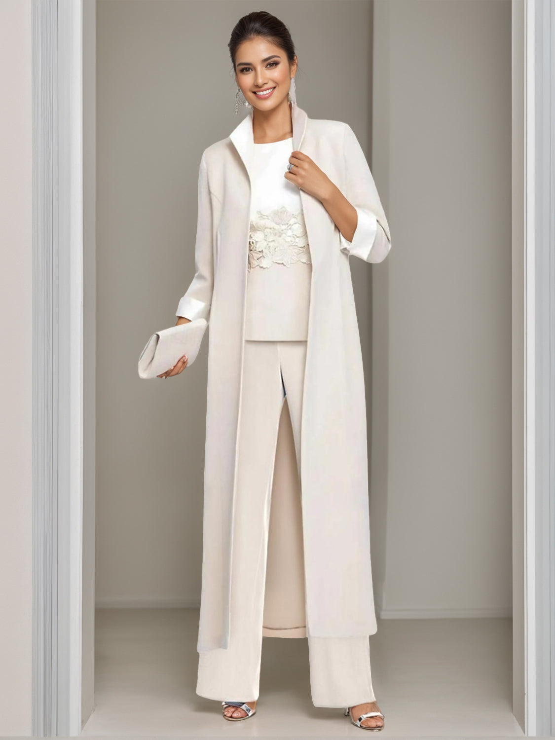 Ankle-Length Mother of the Bride Pantsuits in 3 Pieces Featuring Square Neck Jacket & Lace Appliques