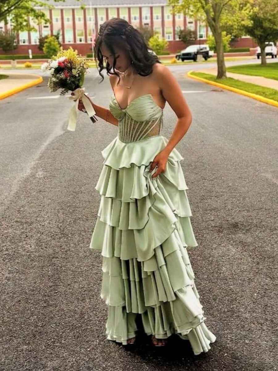 Strapless Pleated Corset Beaded Tiered Long Prom Dress