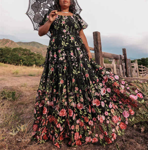 Plus Size Floral Party Dresses: V-Neck A-Line Princess Short Sleeves