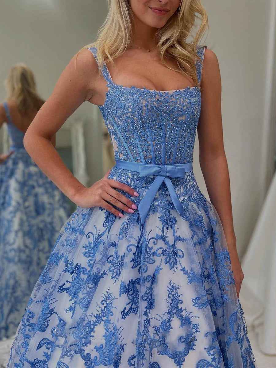 Blue Floral Baroque Lace Corset Long Prom Dress