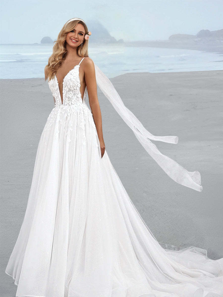 Princess A-Line Floor-Length Wedding Dress with Spaghetti Straps