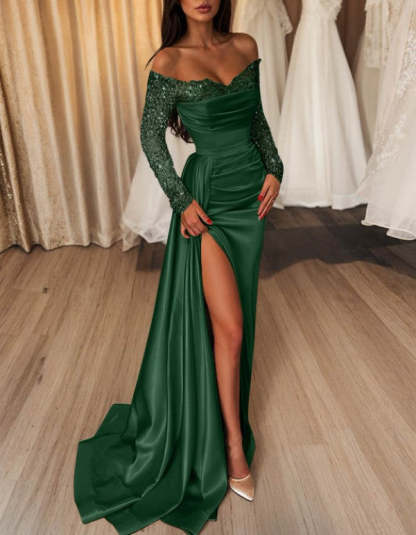 Off-the-Shoulder Floor-Length Prom Dress with Side Split and Sequins