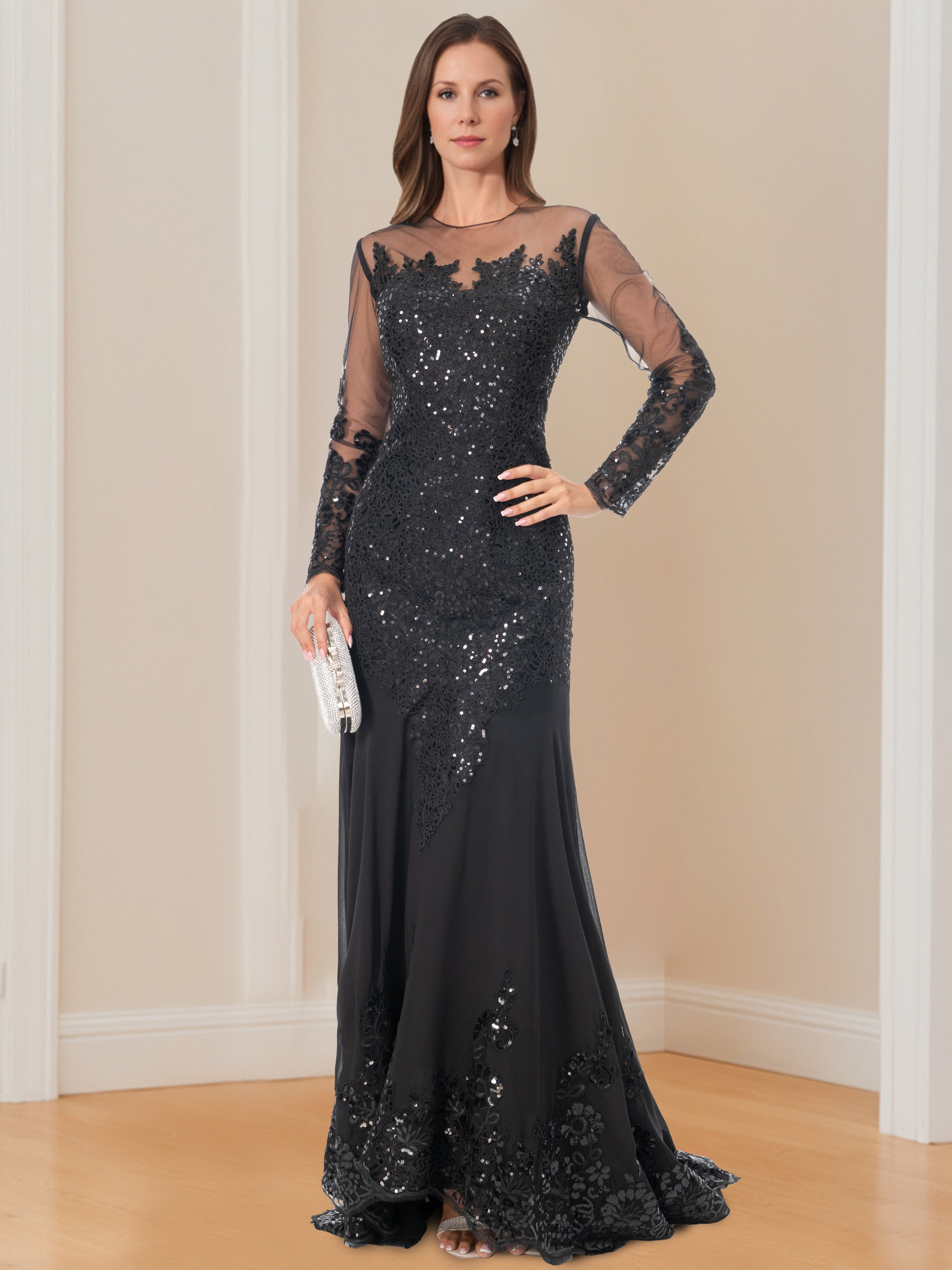 Long-Sleeved Scoop Neck Mermaid/Trumpet Mother of the Bride Dress with Applique