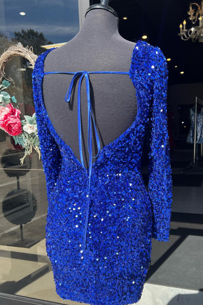 Sparkly Royal Blue Sequins Backless Short Homecoming Dress With Long Sleeves