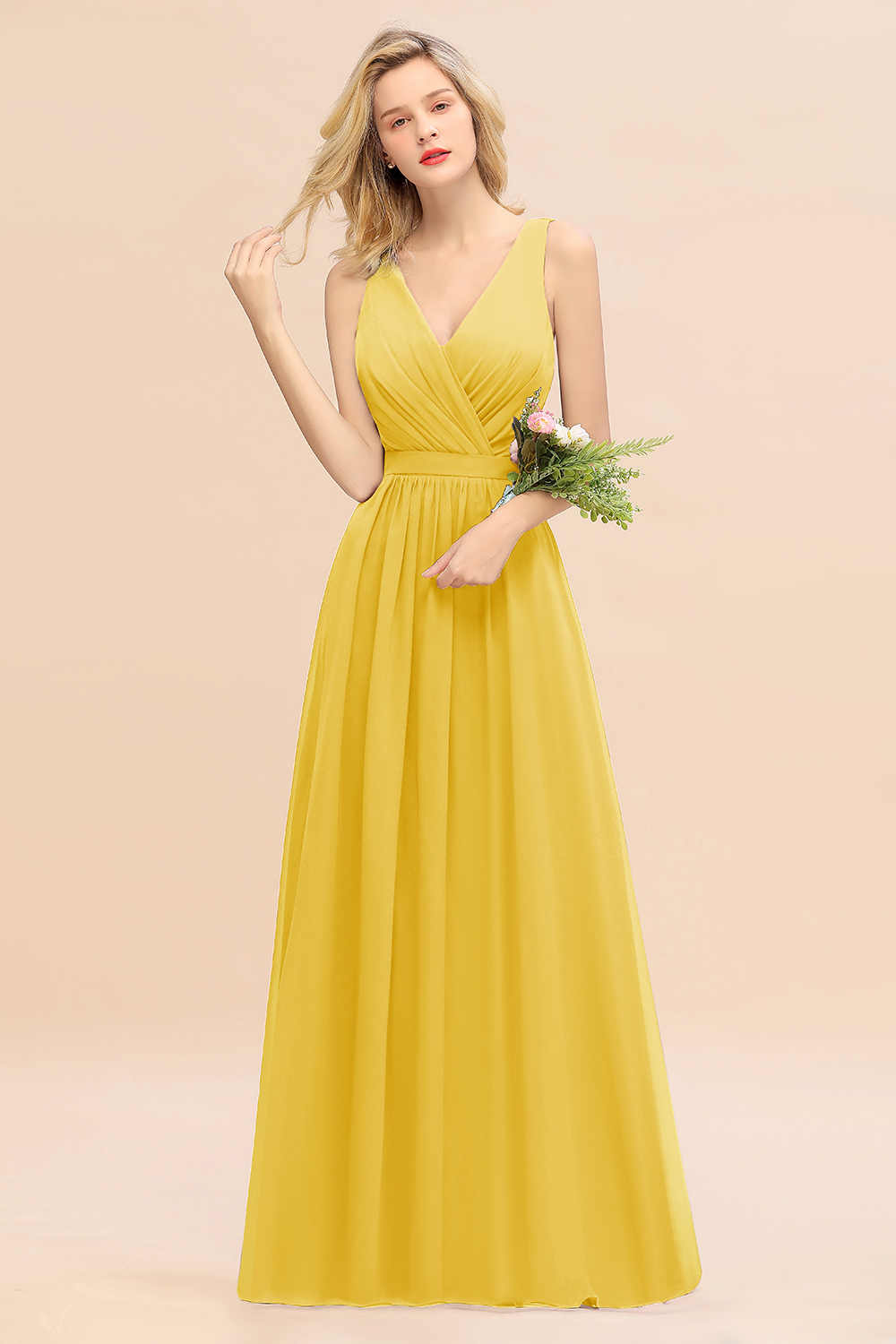 BMbridal Affordable V-Neck Ruffle Long Grape Chiffon Bridesmaid Dress with Bow-BMbridal