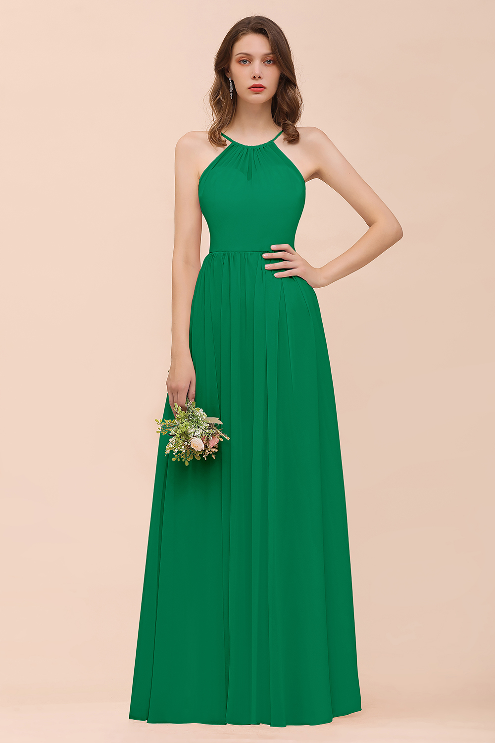 BMbridal Gorgeous Chiffon Halter Ruffle Affordable Long Bridesmaid Dress-BMbridal