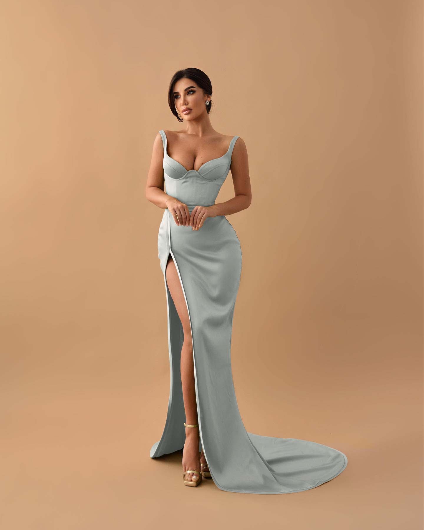 Sage Mermaid Spaghetti Strap Sleeveless Long Prom Dress With High Split