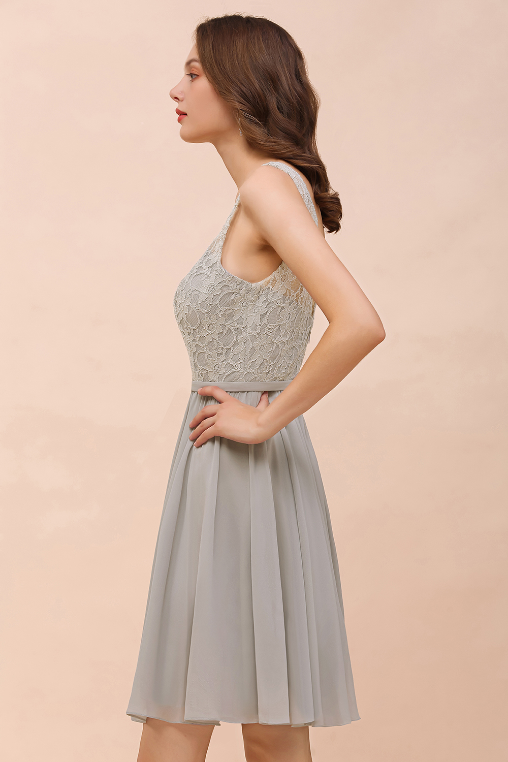BMbridal Affordable Lace V-Neck Silver Chiffon Short Bridesmaid Dress Online-BMbridal